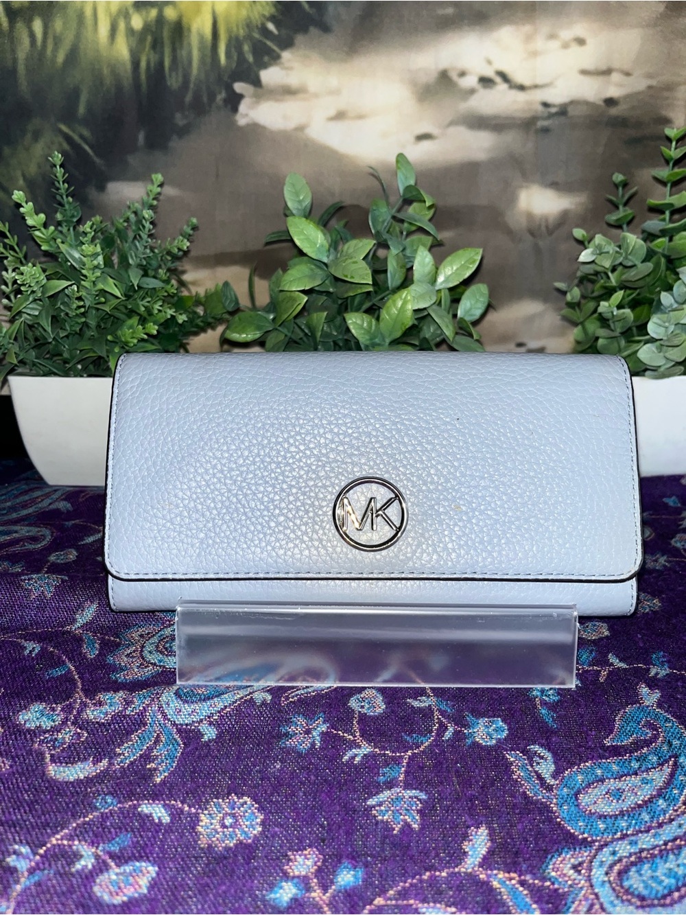 Michael Kors Light Blue Pebbled Leather Clutch Wallet with MK Logo